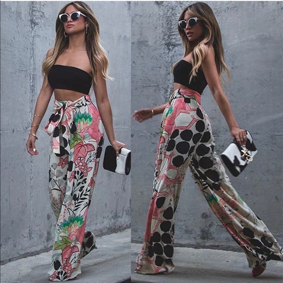 Floral, Abstract, High-Waist Palazzo Pants - Picture 2 of 5